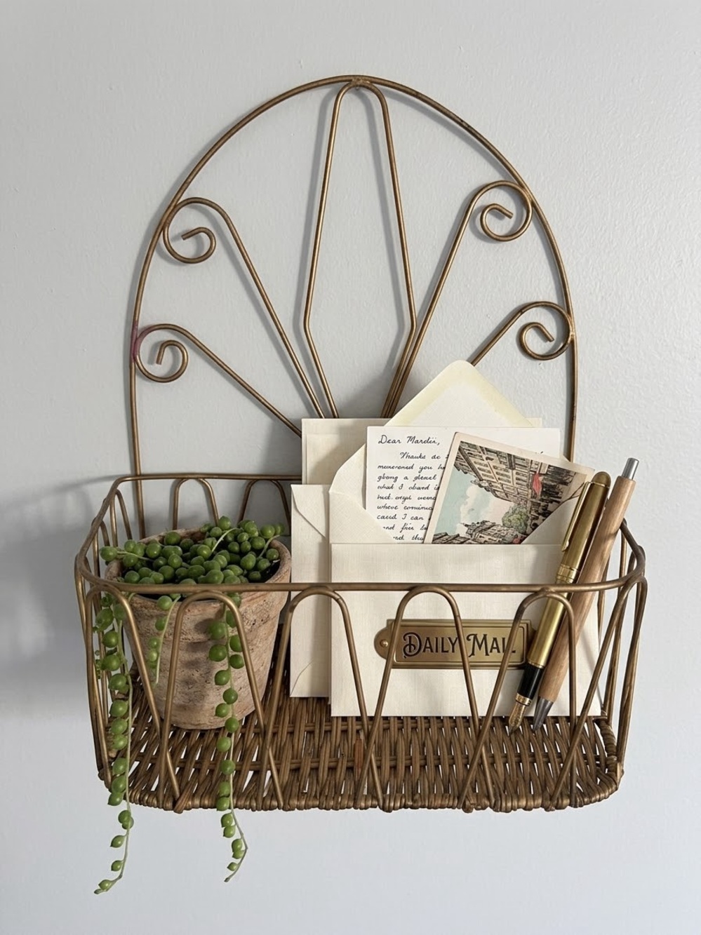 Vintage Boho Wire & Wicker Wall Mail Organizer/Planter Basket